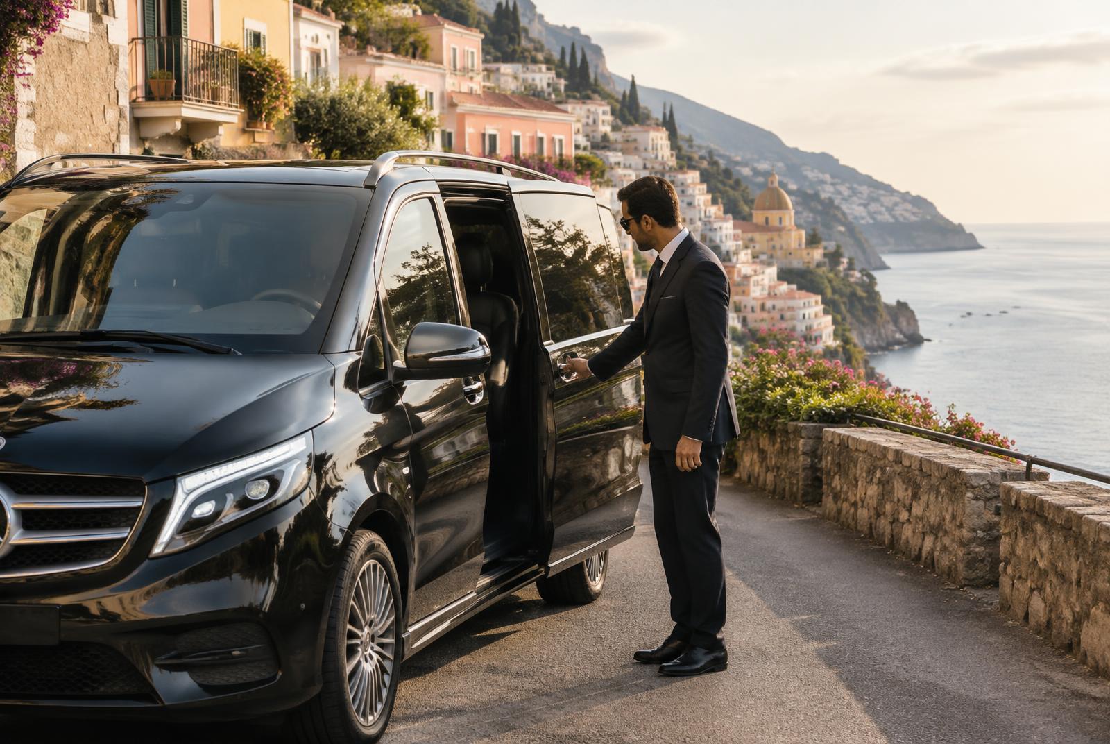 A chauffeur opening the door of a Mercedes-Benz V-Class on an Amalfi Coast road