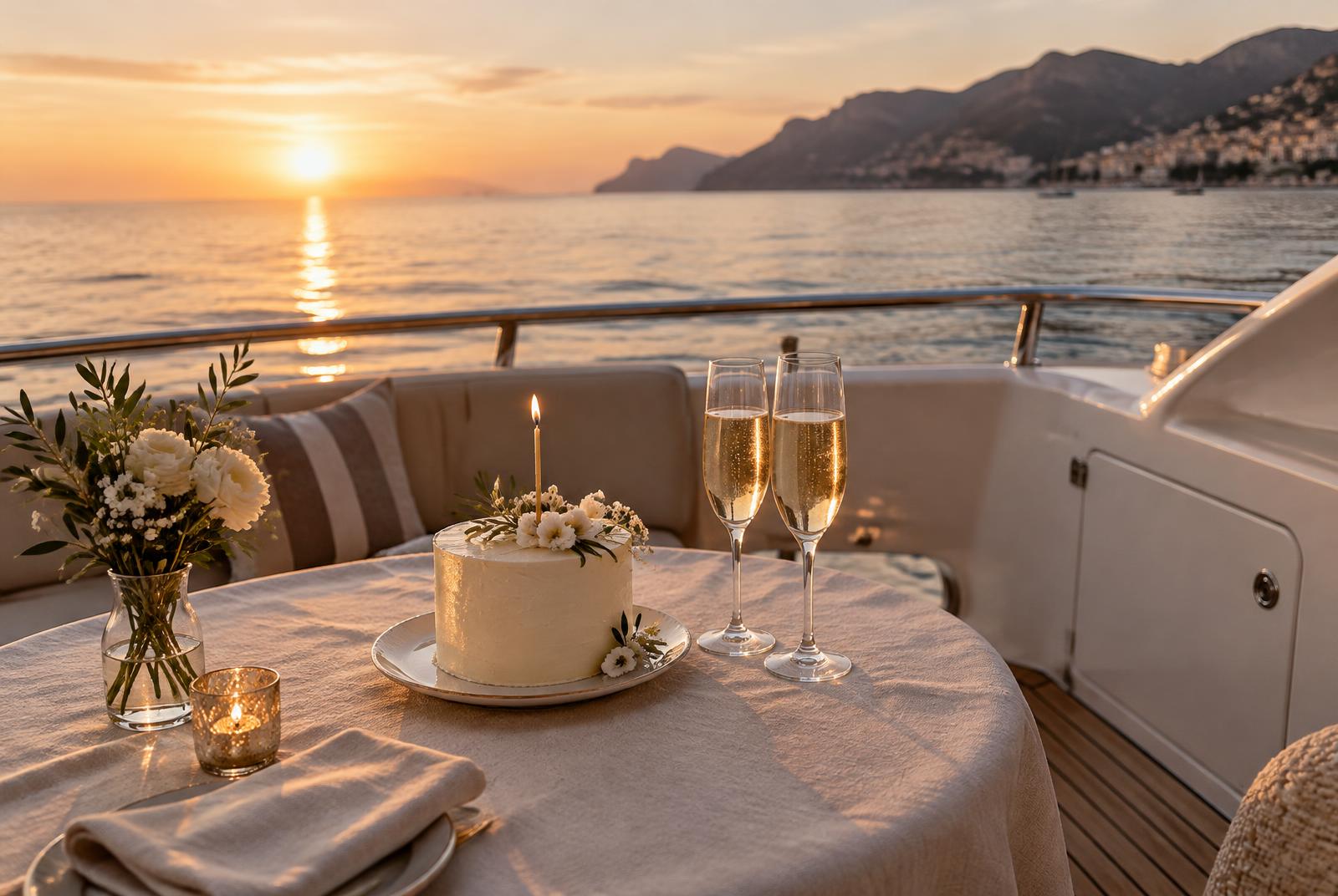 A small celebration cake and champagne on a yacht deck at sunset
