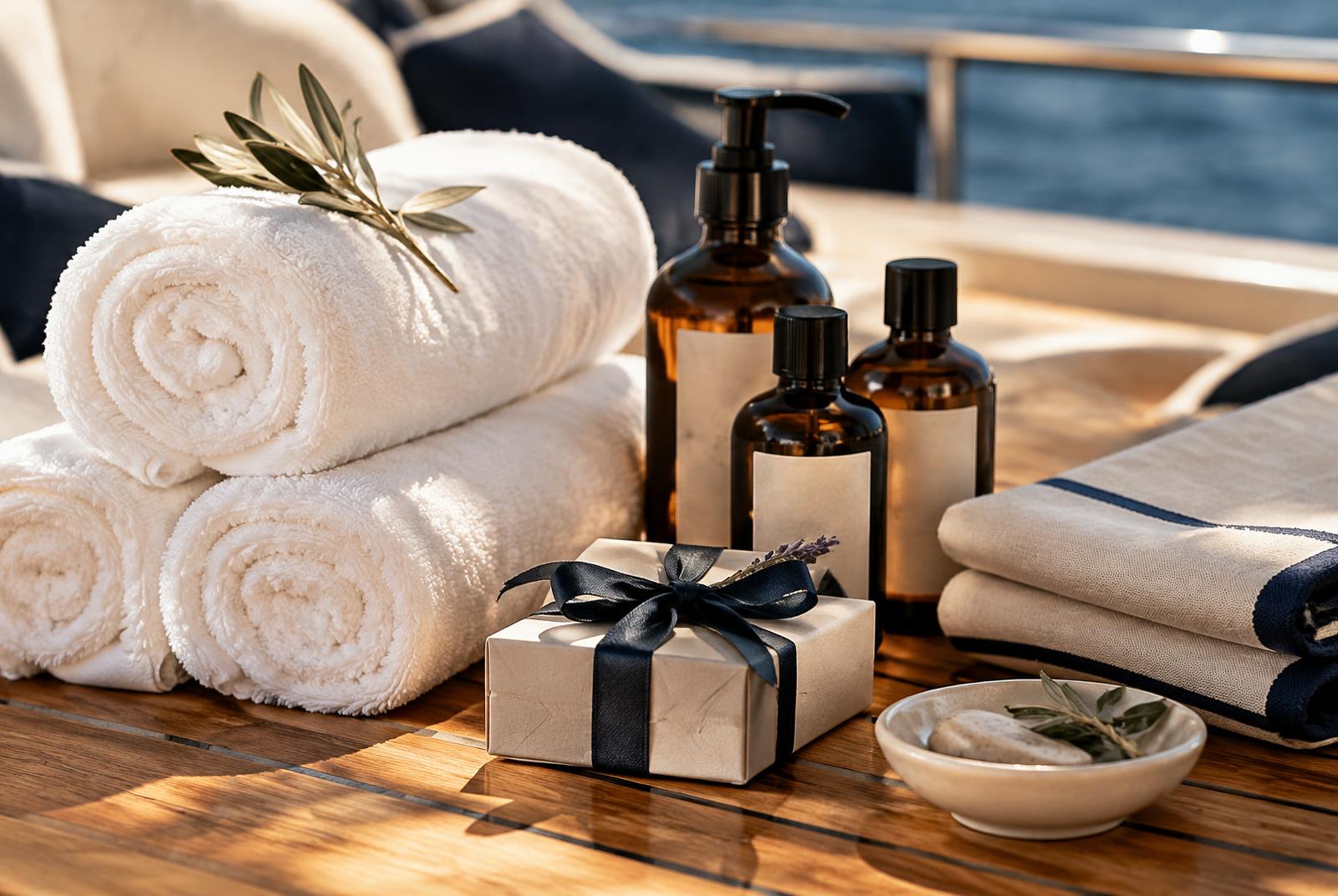 Rolled white towels, amber glass amenities and a small gift box arranged on a teak deck