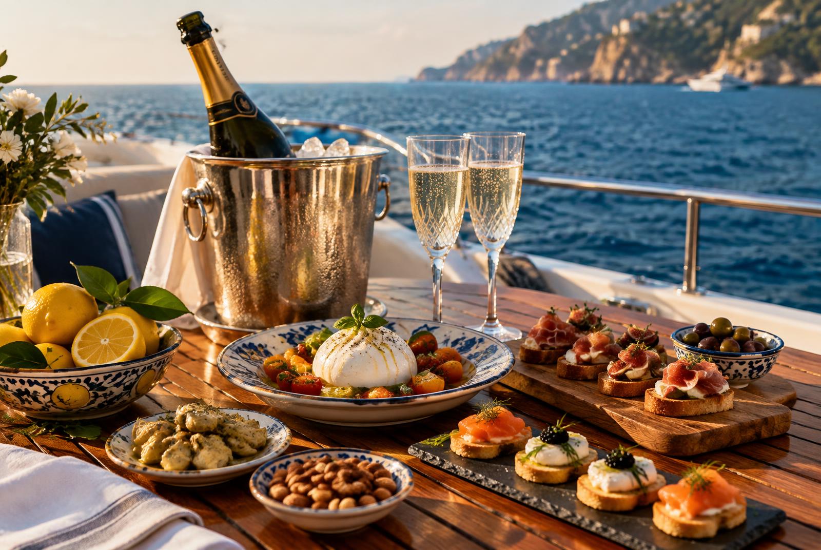 A gourmet aperitivo with Franciacorta served on the deck of a yacht at sea