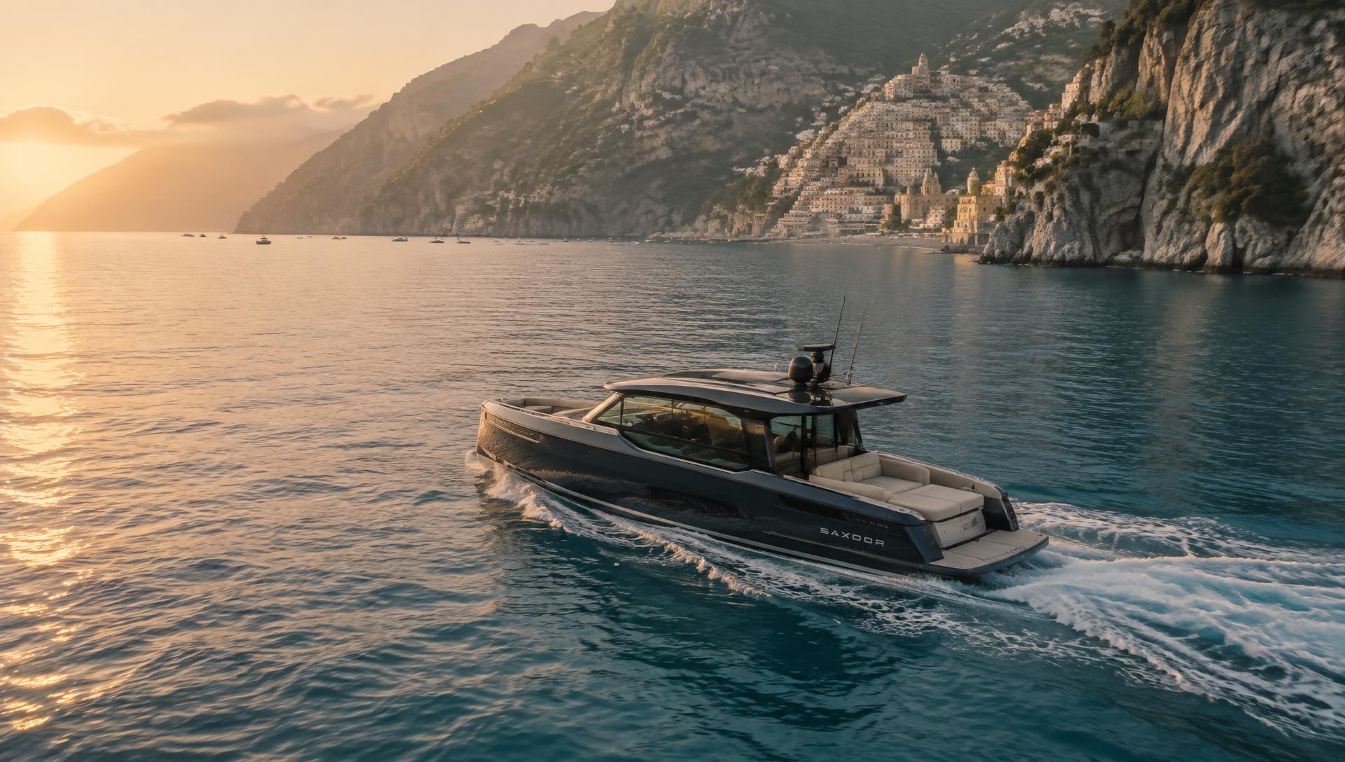 The Saxdor 400 GTS cruising at golden hour beneath Positano