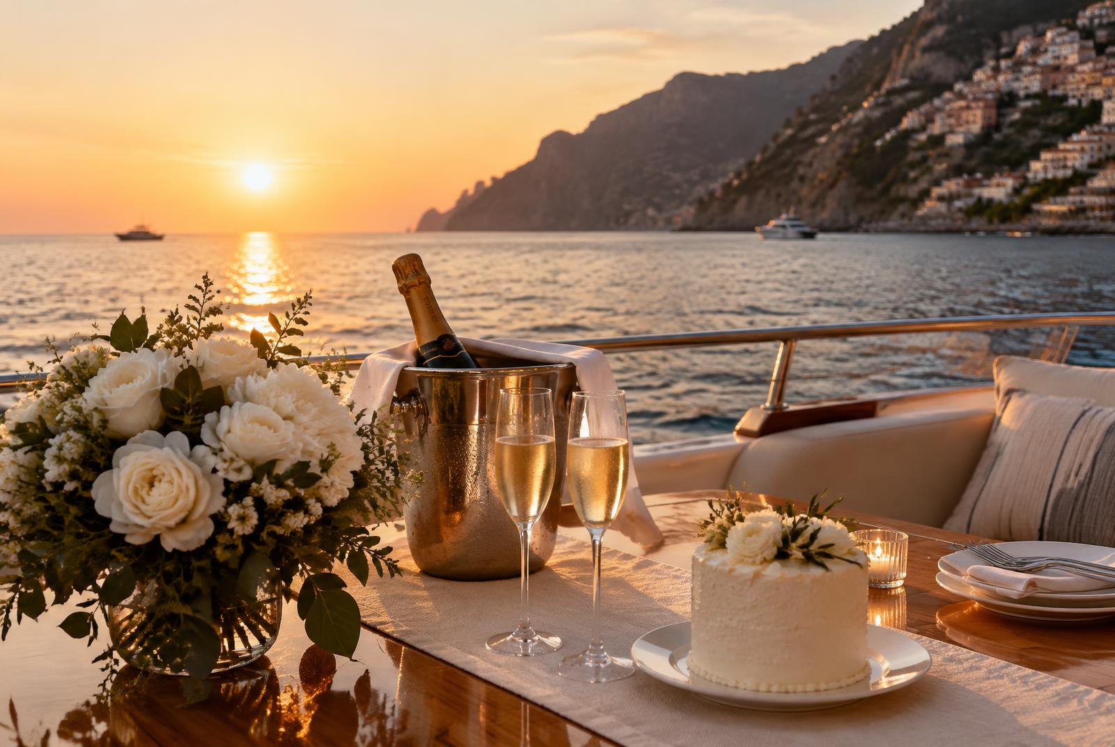 Flowers, champagne and a cake arranged on deck at sunset