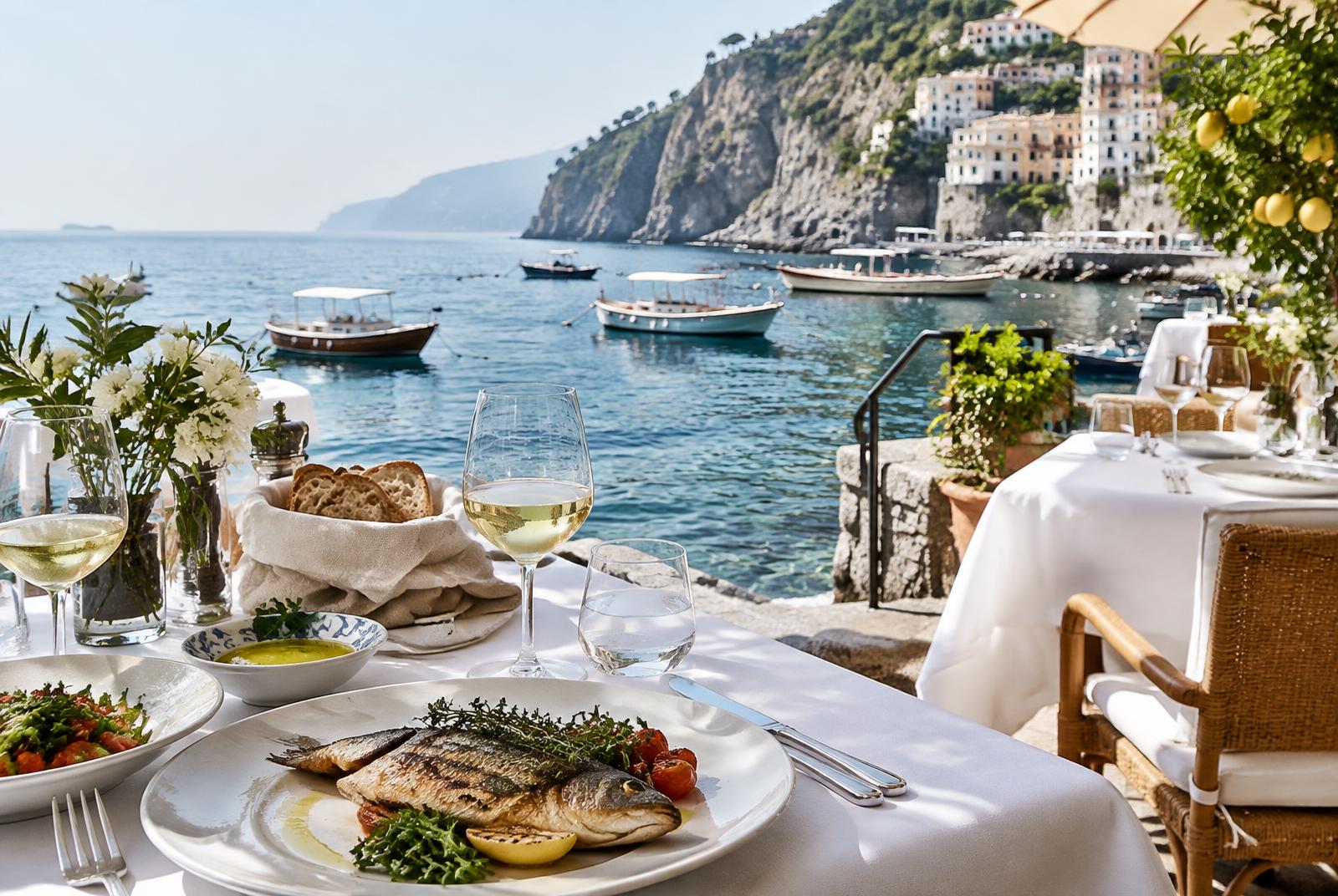A waterfront lunch of grilled fish and white wine in a coastal cove