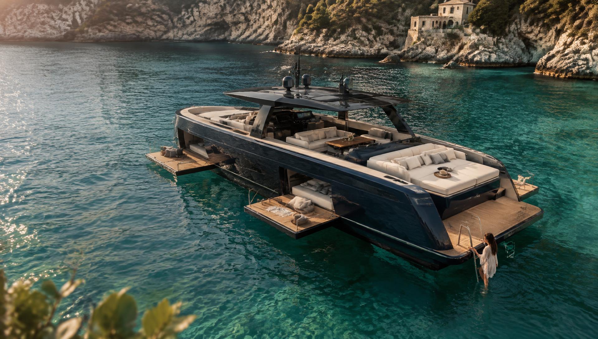 The yacht at anchor in a sheltered cove, side terraces folded down to the water