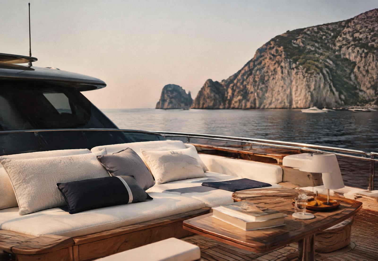 Ivory lounge aboard the yacht near Capri